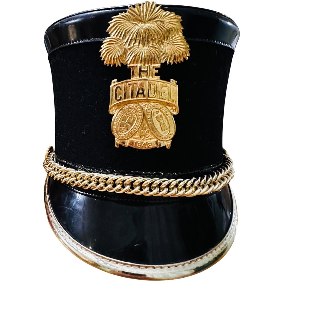 Vintage The Citadel Military Academy Black Suede Parade Hat Gold Chain Badg 1842